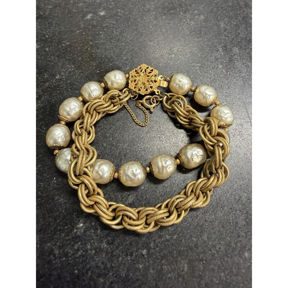 Vintage Miriam Haskell Faux Baroque Pearl & Gilt Chain Bracelet 7.5" Signed
